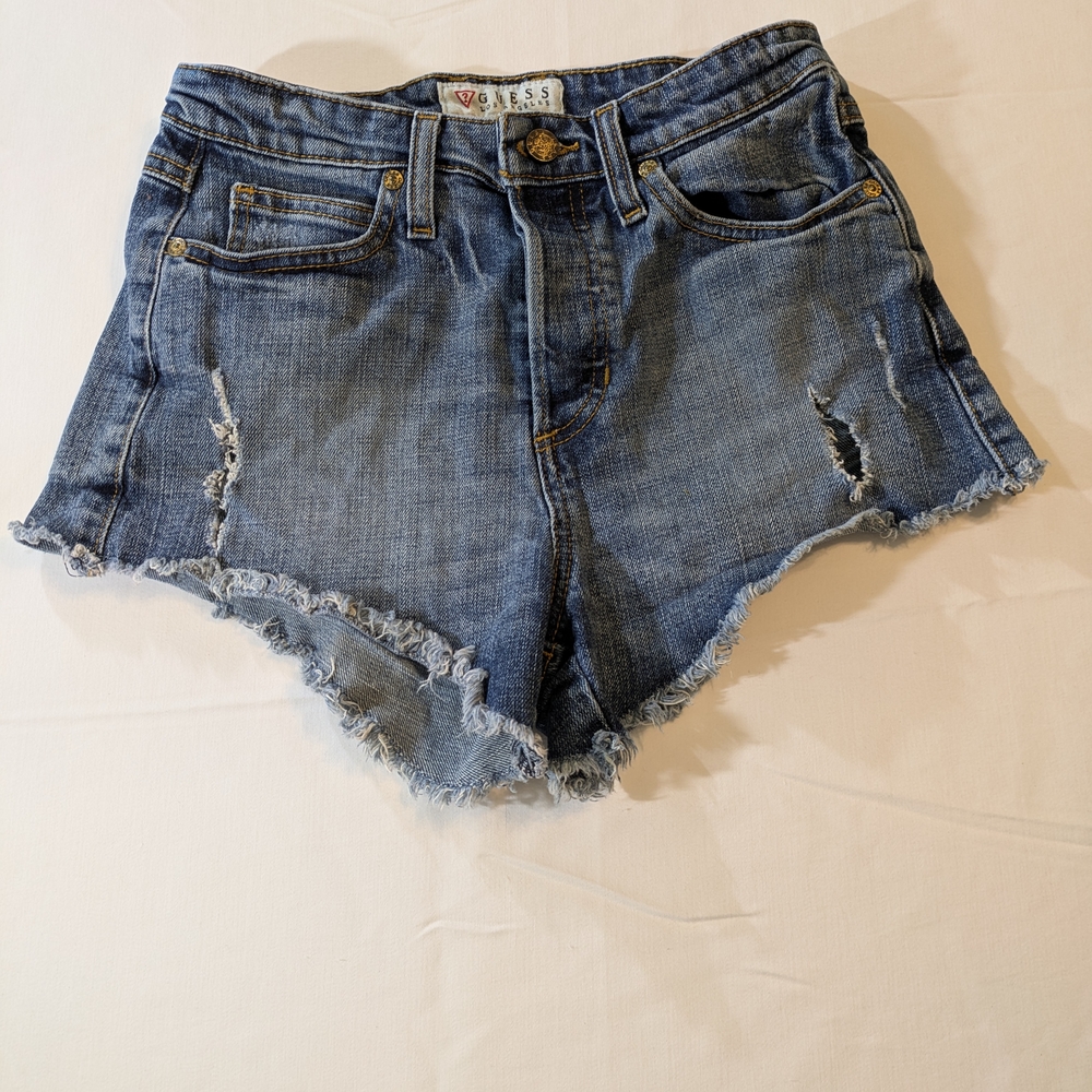Guess Blue Distressed Button Fly Jean Shorts Frayed Hem